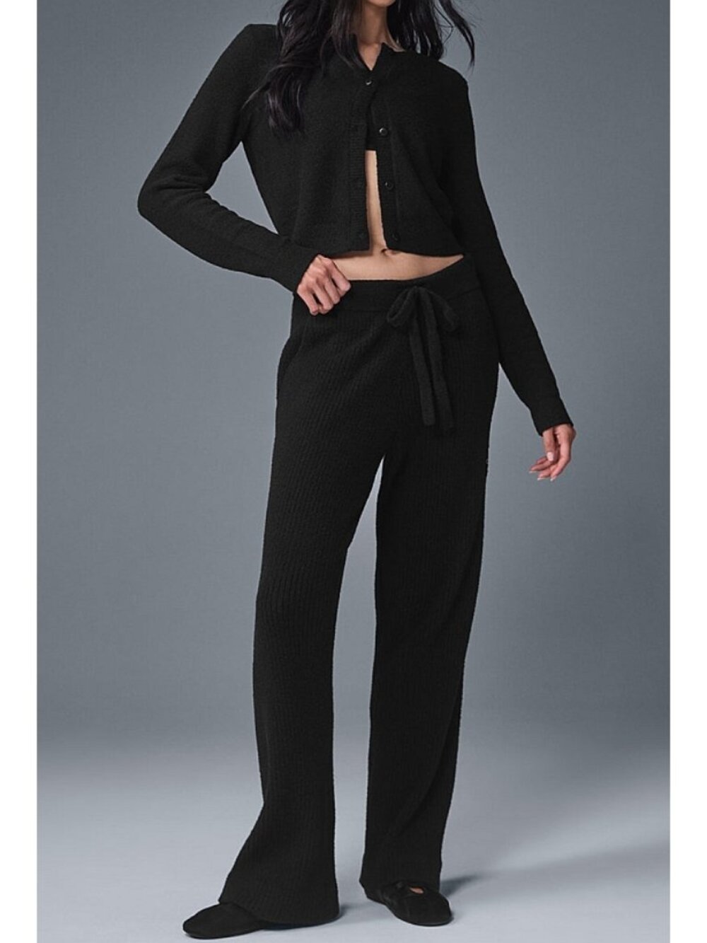 Alo Snuggle Up Sweater Cropped Cardigan Black Button-Up Fuzzy Knit Soft Cardi S - Picture 4 of 11